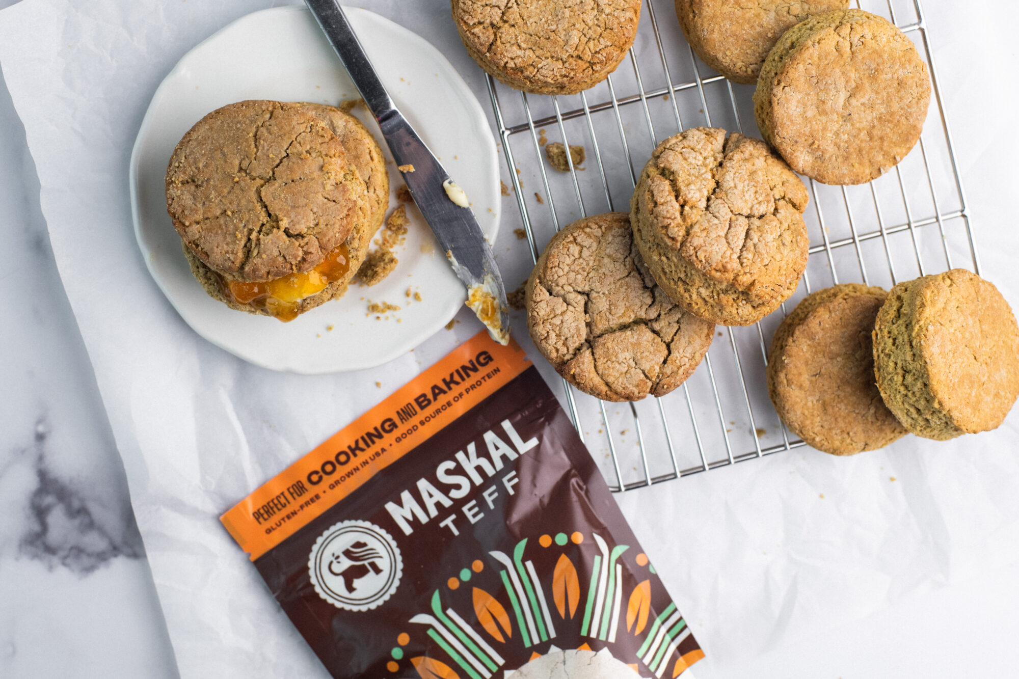 Teff biscuits on a table with Maskal Teff package